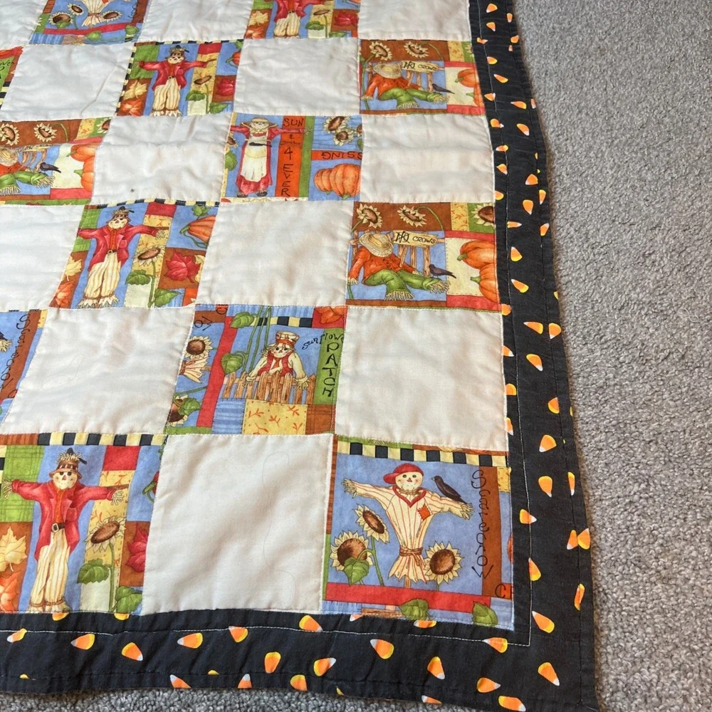 vtg Handmade quilt Autumn Scarecrow‎ Throw Blanket fall patchwork cozy harest